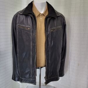 TRANSMISSION Distressed Leather Jacket Collared Removable Lining Black Men's L